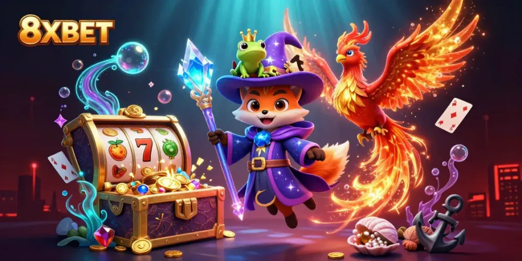 Experience the enchanting world of 8XBET with this fantastical casino scene featuring a wizard fox and thrilling symbols.