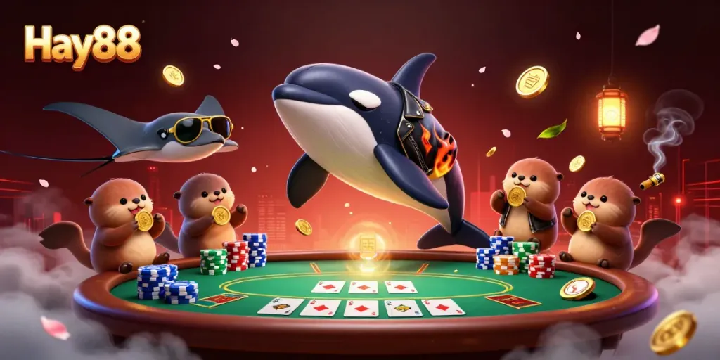Experience Hay88's vibrant casino world with whales, stingrays, and sea otters amidst colorful poker elements.