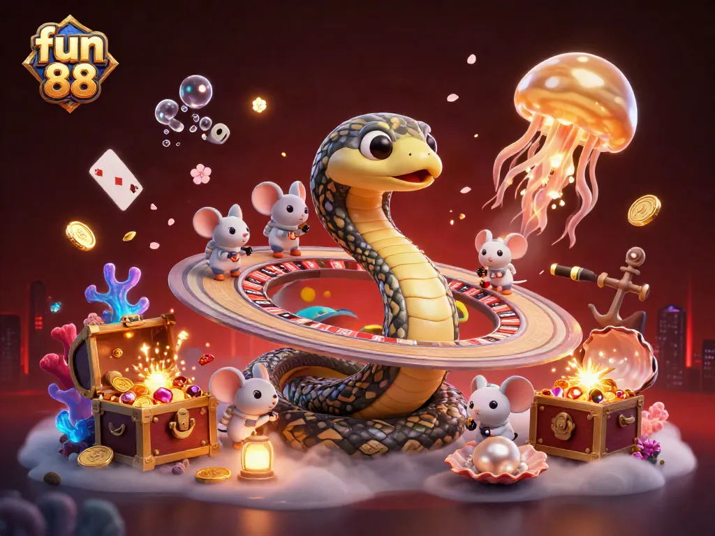 Experience fun 88 with a vibrant cosmic casino scene featuring a Saturn ring snake roulette and betting astronaut mice.