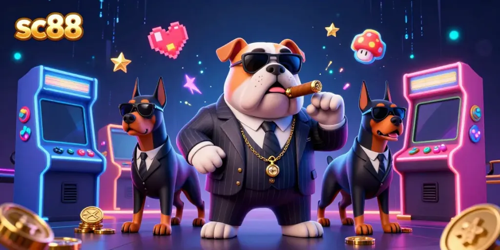 Experience thrilling gaming at sc88 with a 3D illustration of a mafia boss bulldog surrounded by arcade machines.