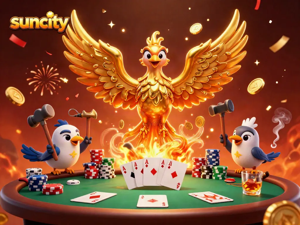 Experience the thrill of suncity with this dynamic phoenix scene igniting excitement at a festive poker table.