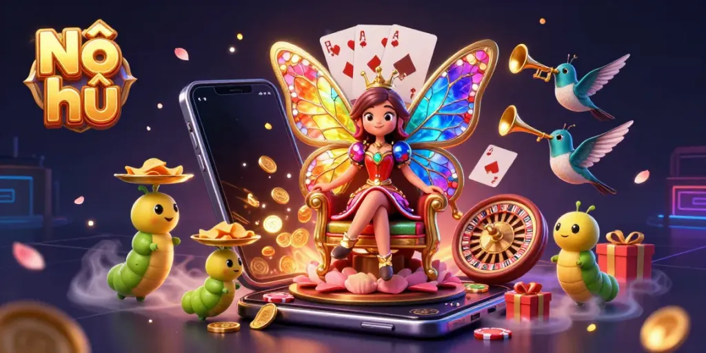 Experience Nổ hũ excitement with vibrant gaming elements and characters in a detailed casino scene.
