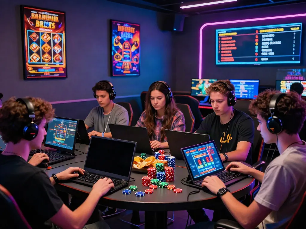 Engaged players in vibrant gaming lounge exploring best non gamstop casinos uk, enjoying digital casino games.