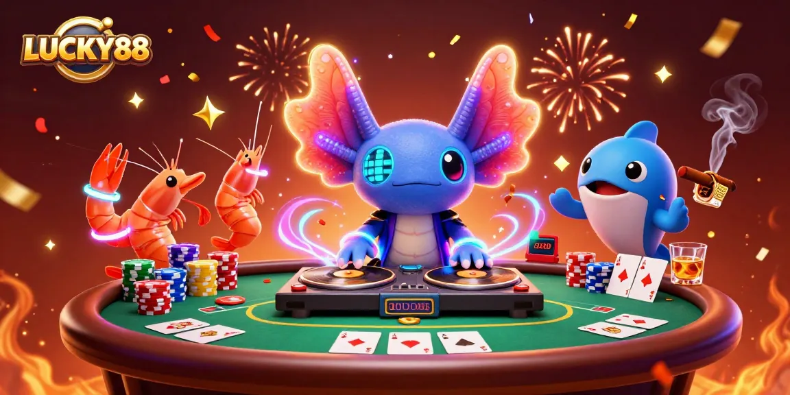 Experience LUCKY88's vibrant gaming atmosphere with a neon axolotl DJ and lively characters.