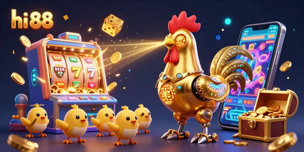 Experience excitement with hi 88 in a vibrant casino scene showcasing slot machines, golden treasures, and animated characters.