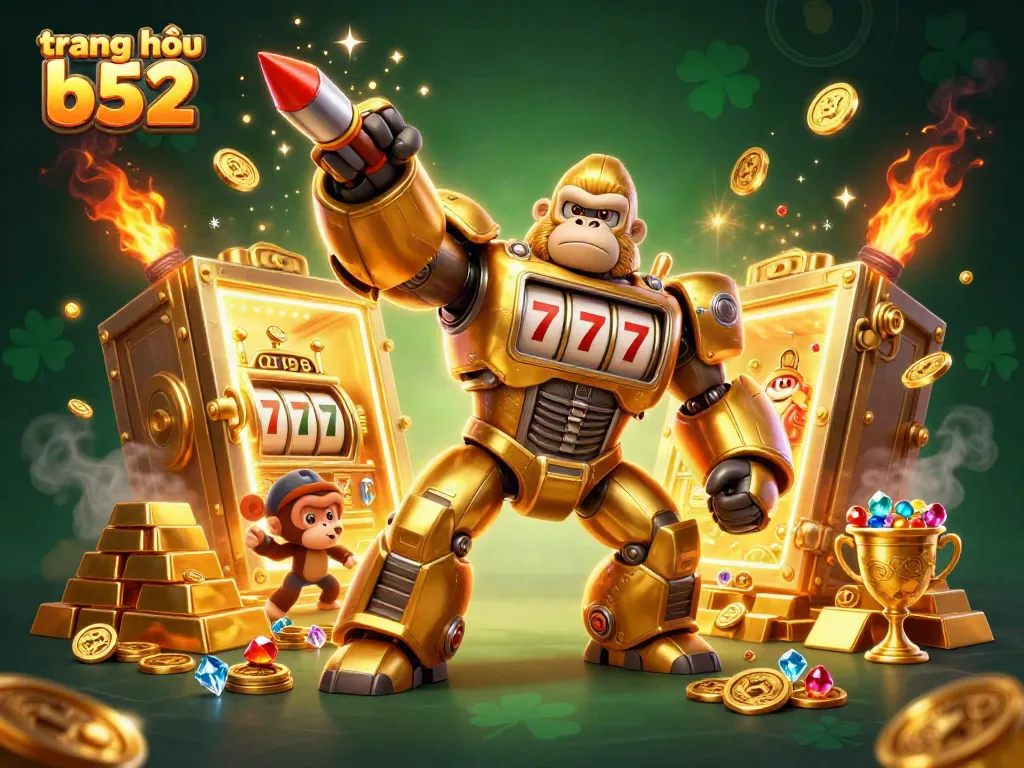 Experience the excitement of trang chủ b52 with a dynamic scene of a golden gorilla mech surrounded by treasures.