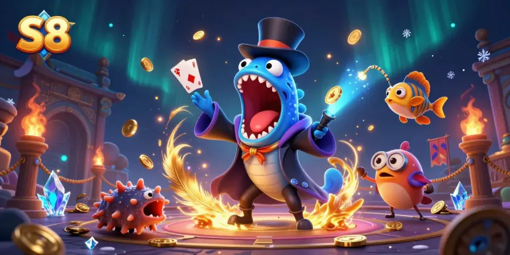 Experience S8’s thrilling magic act with deep-sea characters in a vibrant casino scene.