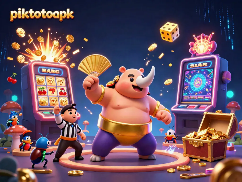 Experience vibrant piktotoapk gaming action with a rhinoceros beetle champion amidst a slot machine jackpot explosion.