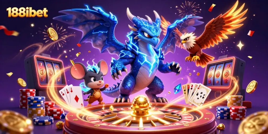Win big with 188ibet's electrifying gaming scene featuring dynamic characters and casino elements.