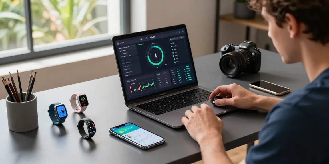 Smart ring displayed alongside tech gadgets in a modern workspace, highlighting health metrics and fitness tracking.