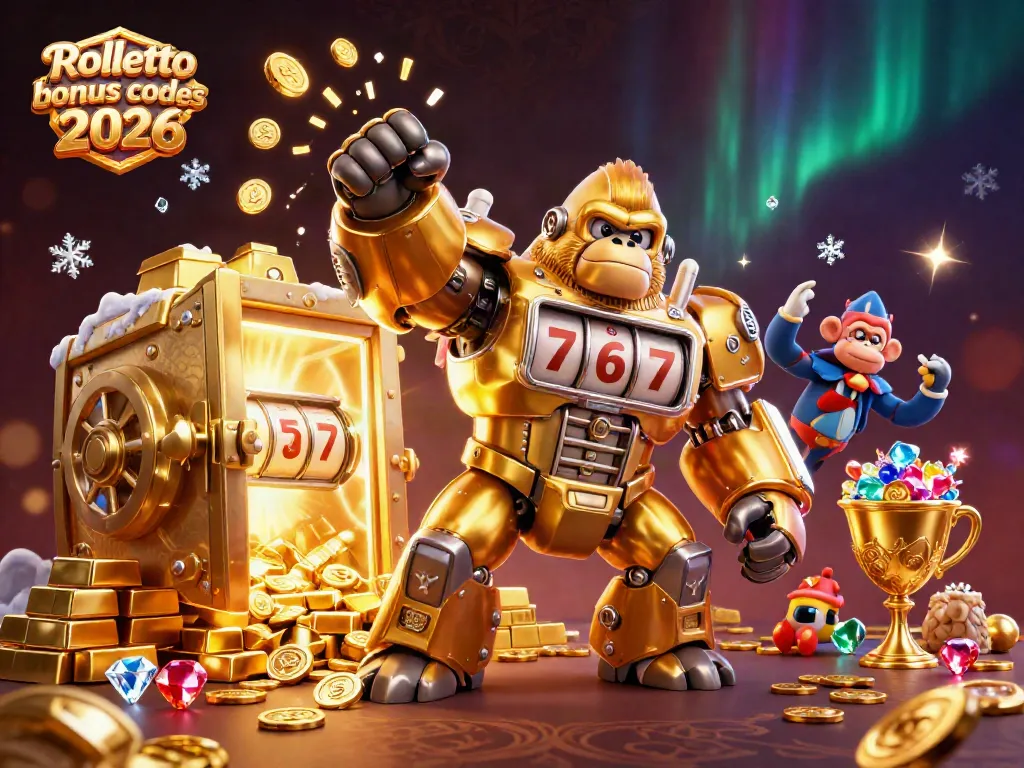 Experience Rolletto bonus codes 2026 with a vibrant 3D illustration of a golden gorilla mech and treasures.