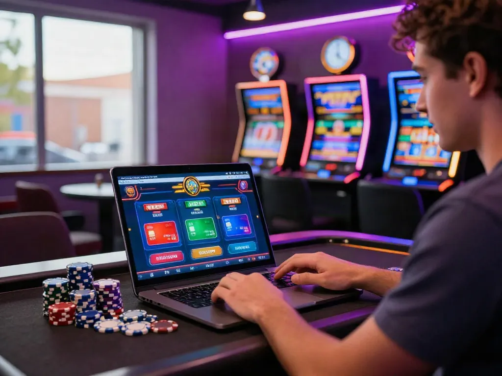 Cheerful player engaging with new casinos that accept credit cards at vibrant online gaming station.