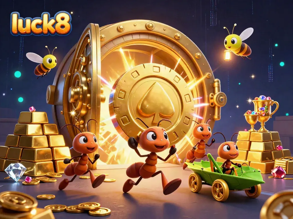 Luck8 showcases a thrilling heist scene with cartoon ants stealing a giant poker chip amid treasures, captivating gamblers.