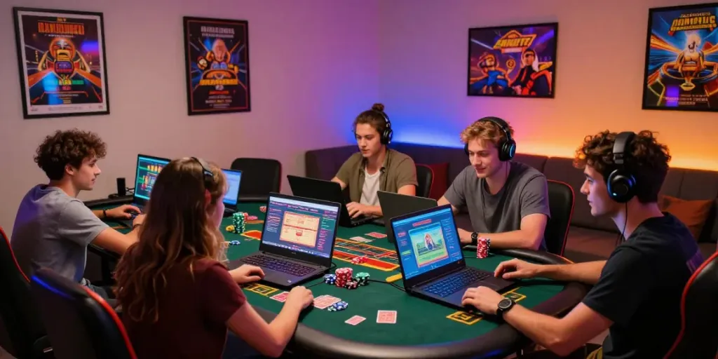 Friends enjoying the best non gamstop casinos UK in a lively gaming room.