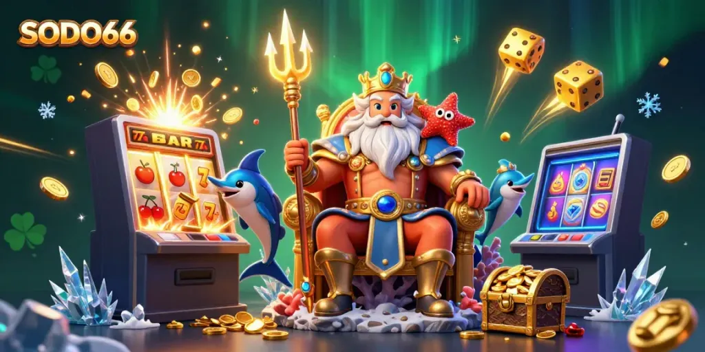 Experience the exhilarating world of SODO66 with a vibrant, dynamic 3D casino illustration featuring Neptune and treasure elements.