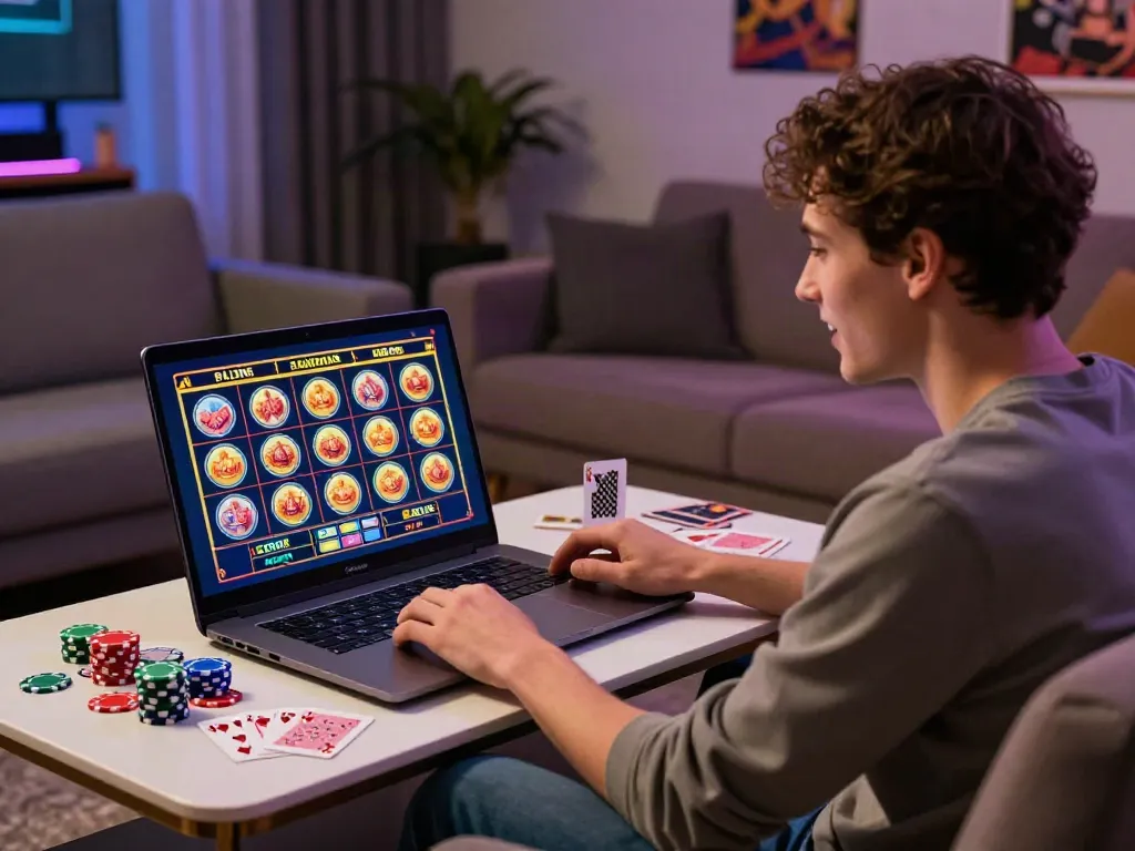 Player engaging with vibrant online games at the best non gamstop casinos uk in a cozy setting.