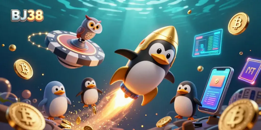 Engage in exciting gameplay with BJ38's vibrant casino-themed 3D illustration showcasing crypto elements and golden penguins.