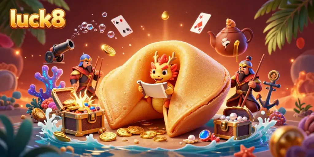 Immerse in luck8's casino world with a lively golden fortune cookie scene, bursting with treasures and vibrant characters.