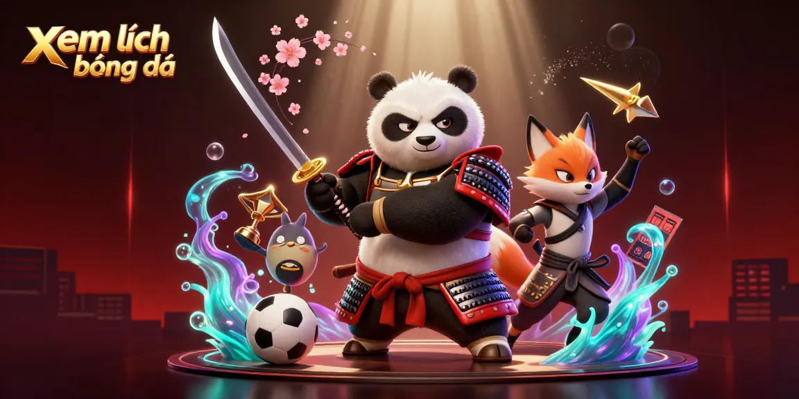 Xem lịch bóng đá with a dynamic scene featuring samurai panda, ninja fox, and betting elements.