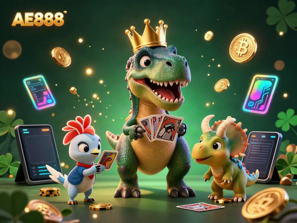 Engage with AE888's dynamic casino charm featuring cartoon dinosaurs amidst digital crypto elements.
