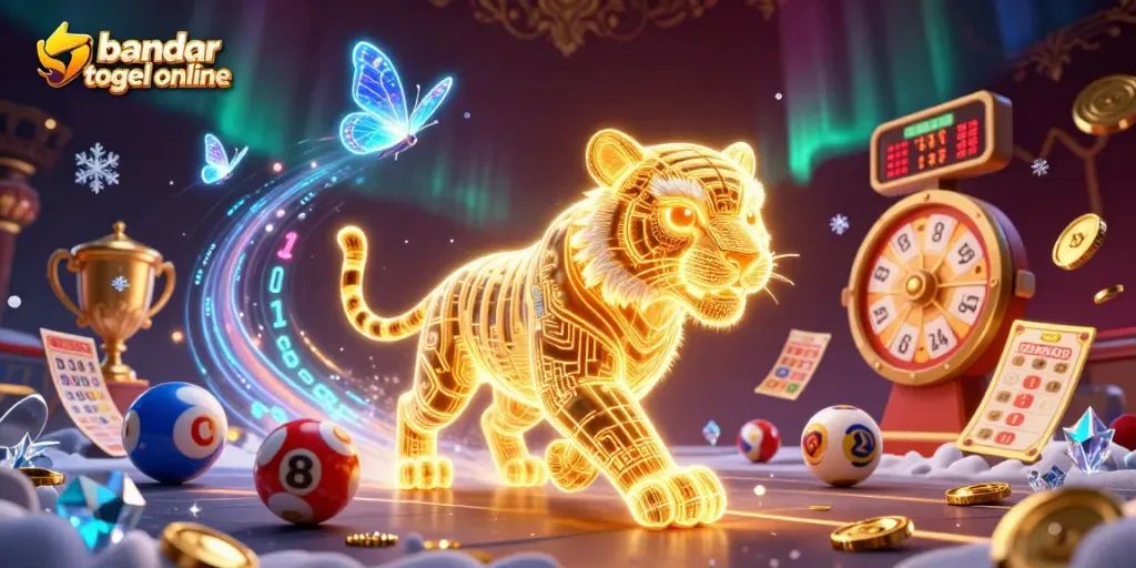 Engage in bandar togel online with a dynamic scene featuring a golden tiger and vibrant game elements.