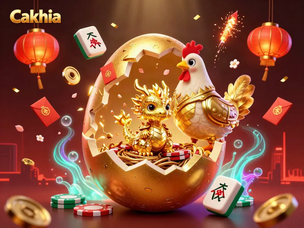 Cakhia offers a thrilling view of a golden dragon and poker chips amid festive gambling elements.