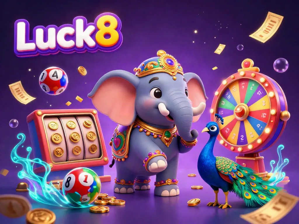 Engage with Luck8's vibrant casino atmosphere, featuring colorful characters and dynamic game elements.