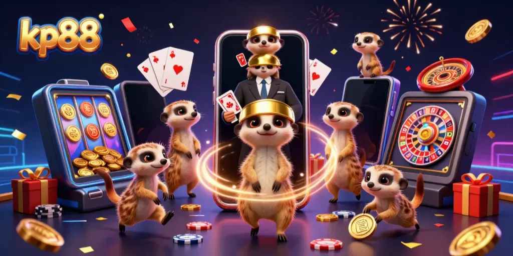 Experience the vibrant energy of KP88 with meerkats running an exciting casino, showcasing games and rewards.