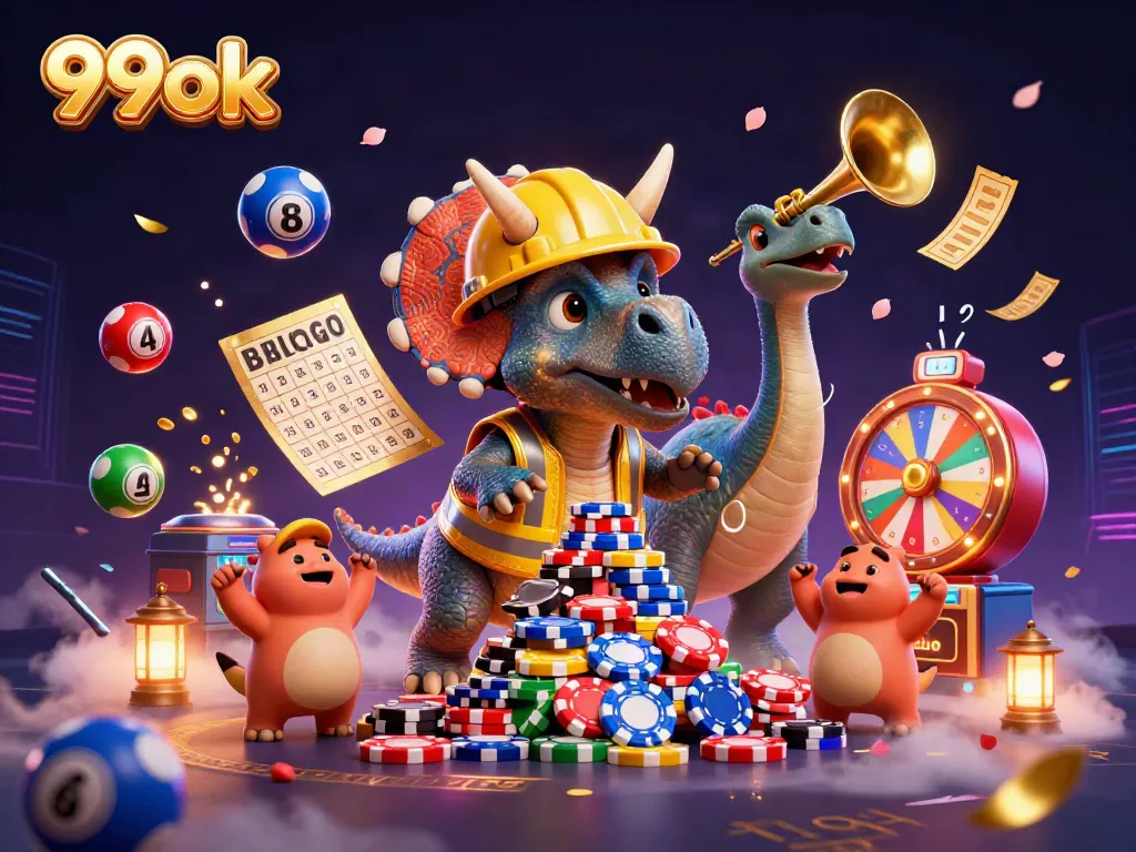 Engage with the vibrant 99ok gaming scene featuring dynamic characters and colorful casino elements.