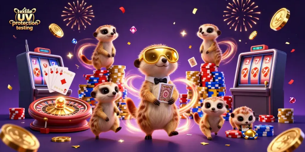 Meerkats ingeniously operating a casino while showcasing textile UV protection testing theme with casino elements.
