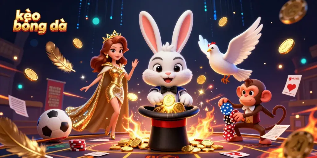 Experience thrilling sports betting with kèo bóng đá as a cartoon magician rabbit conjures coins surrounded by festive elements.