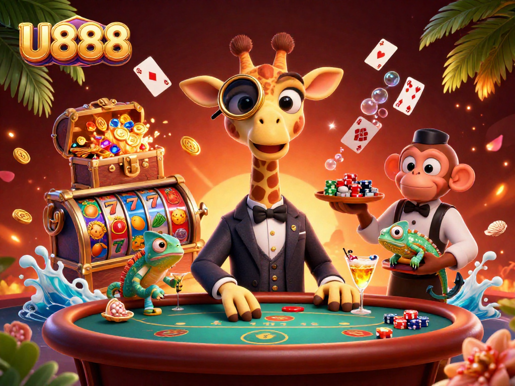 U888 elevates the game with a high-roller giraffe at a vibrant poker table, surrounded by dazzling casino elements.