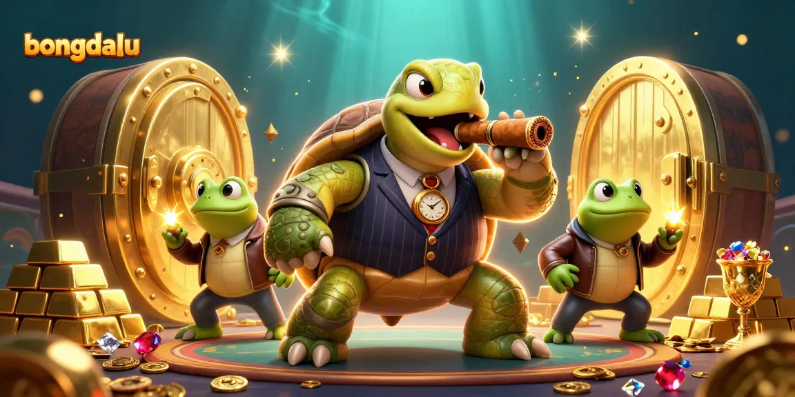 Bongdalu captures the thrill of winning with a cartoon turtle and bullfrog enforcers among dazzling casino treasures.