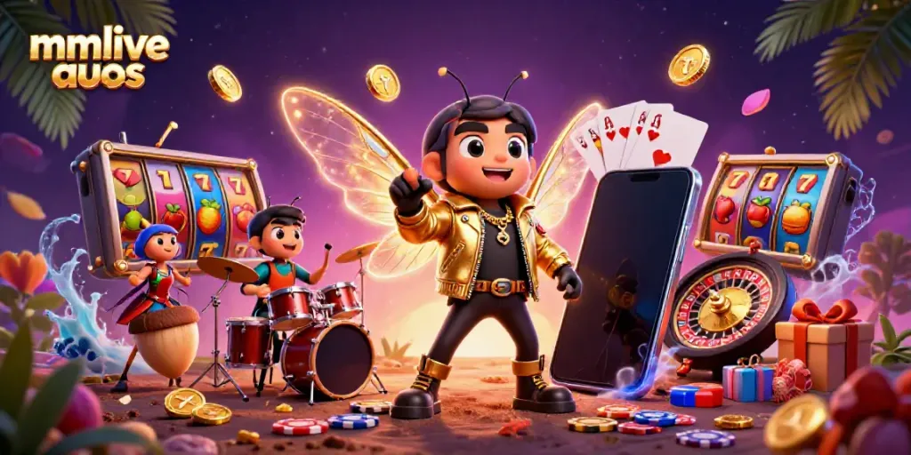 Experience the thrill with mmlive autos as a cicada rock star and a beetle drummer perform amidst vibrant casino elements.