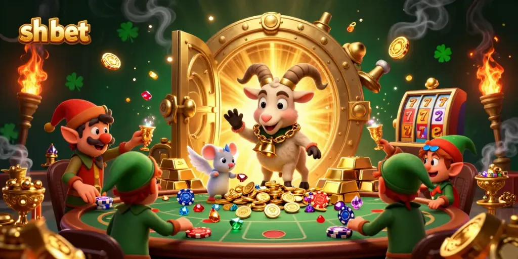 Engage in thrilling games at sh bet casino with vibrant 3D characters amidst golden treasures.