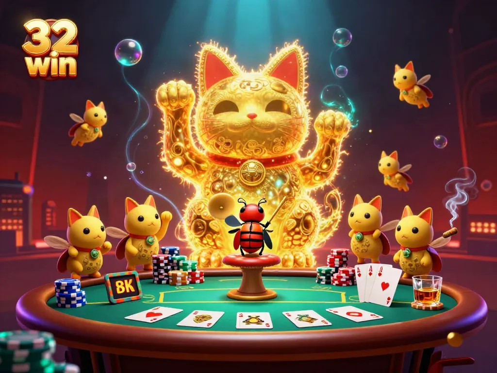 Experience the excitement of 32 win at this vibrant casino scene featuring a lucky cat and poker chips.