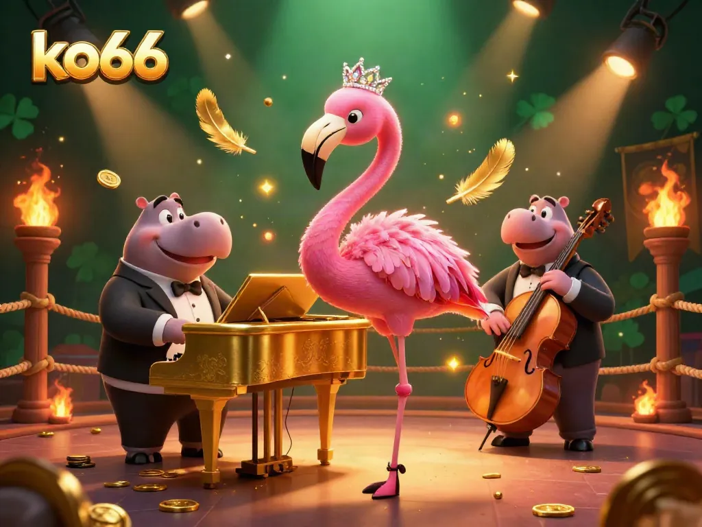 Experience the vibrant energy of ko66, featuring a flamingo singer and a hippo bassist in a casino scene.