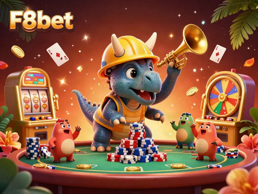 Engage with F8bet's thrilling casino scene featuring playful characters celebrating their gaming victories amidst vibrant poker elements.