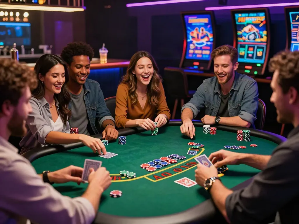 Engaging scene of friends enjoying the best non GamStop casinos UK with vibrant gaming, chips, and drinks.
