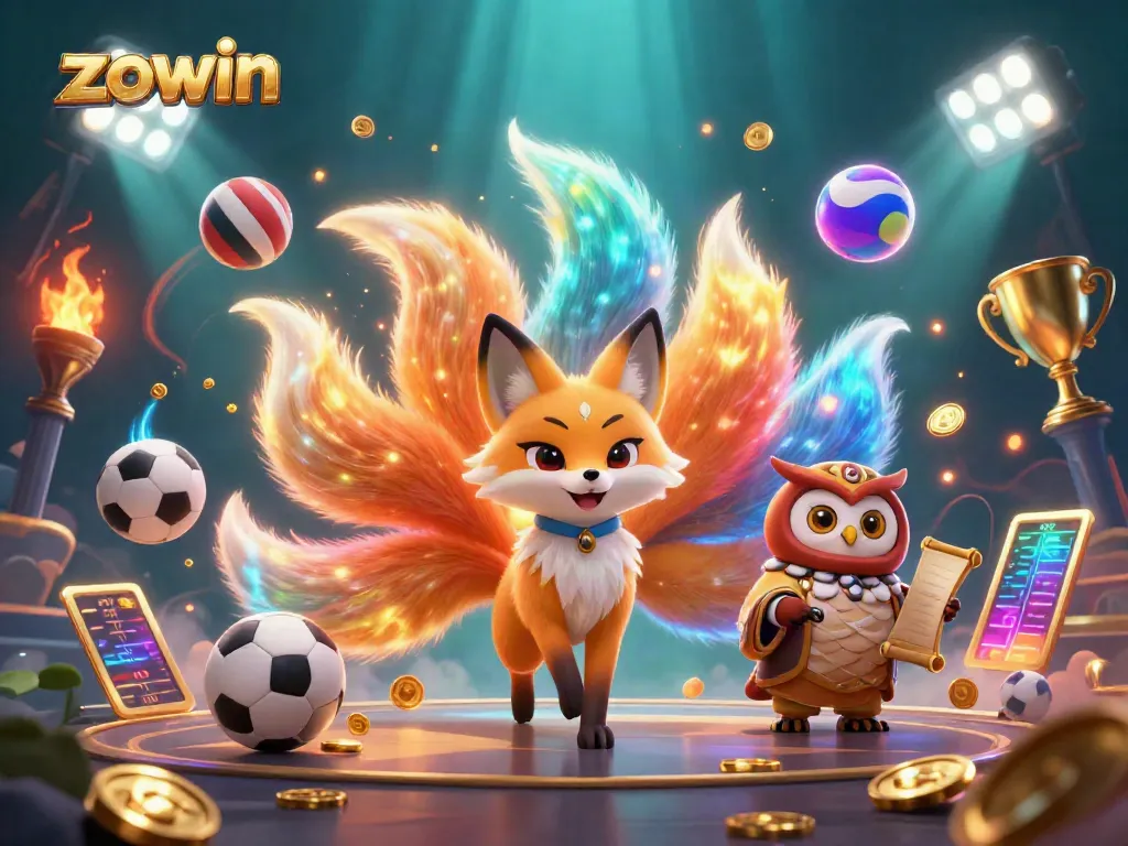 Experience the vibrant energy of ZOWIN with a glowing nine-tailed fox, wise owl, and dynamic casino elements.
