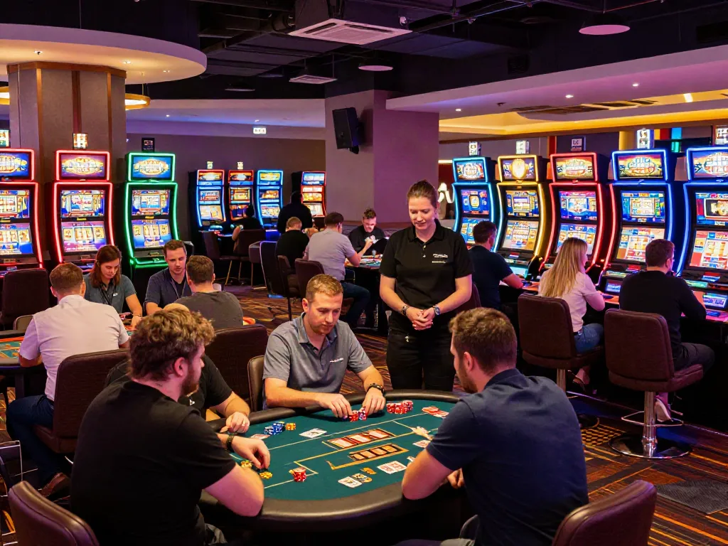 Exciting gaming atmosphere at the best non GamStop casinos UK filled with players at slot machines and card tables.