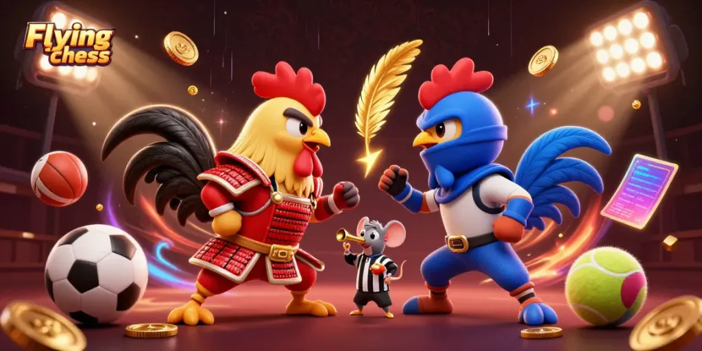 Flying chess showdown between samurai rooster and ninja rooster with dynamic game elements in a vibrant casino scene.