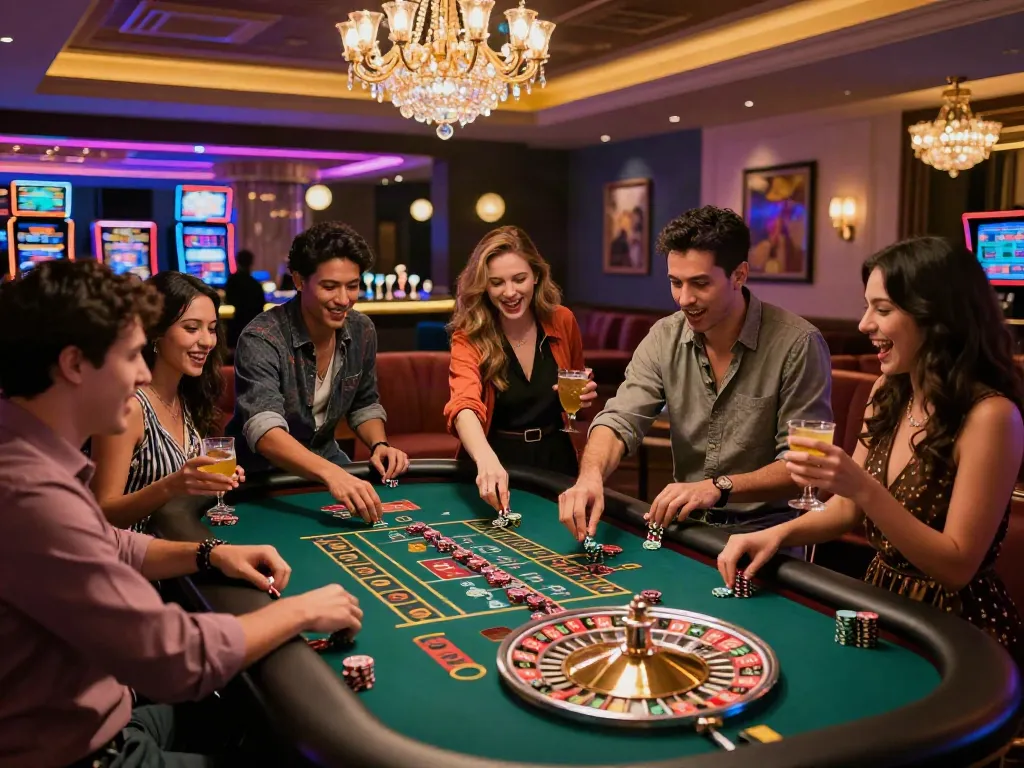 Exciting atmosphere at the best non gamstop casinos UK, friends gathered around a roulette table in a vibrant gaming lounge.