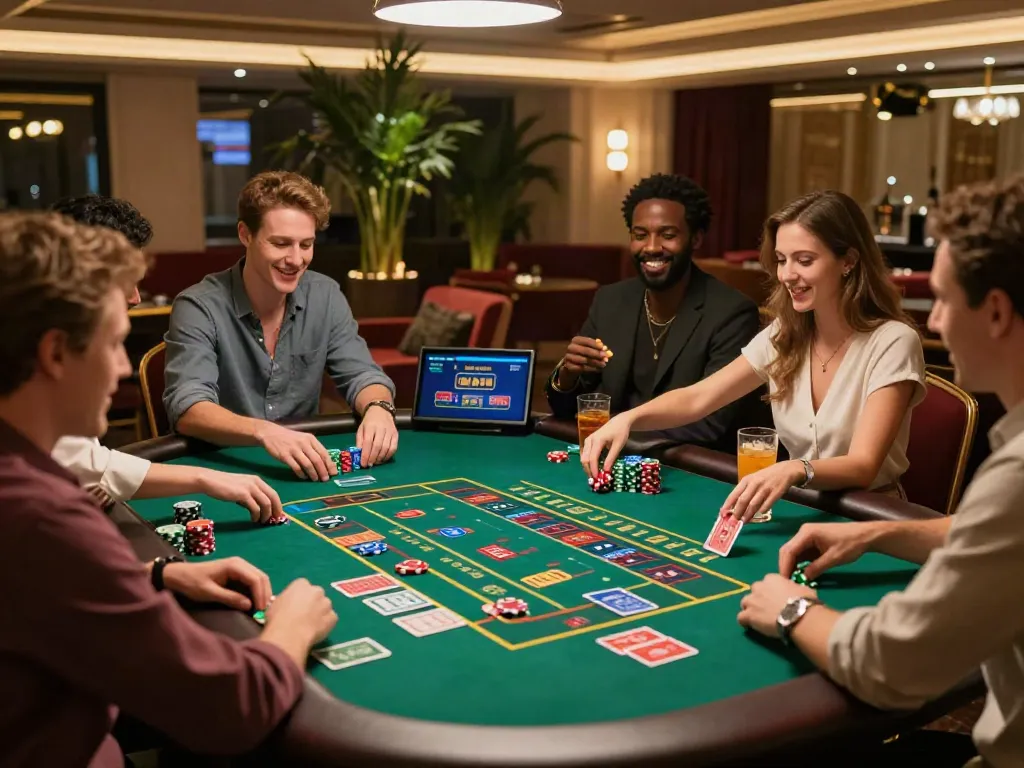Friends enjoying a fun night at a luxurious casino table featuring the best non GamStop casinos in the UK.