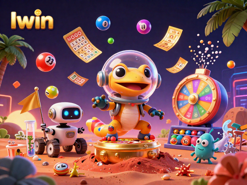Iwin excites players with a Martian gecko discovering a vibrant casino filled with lottery elements.
