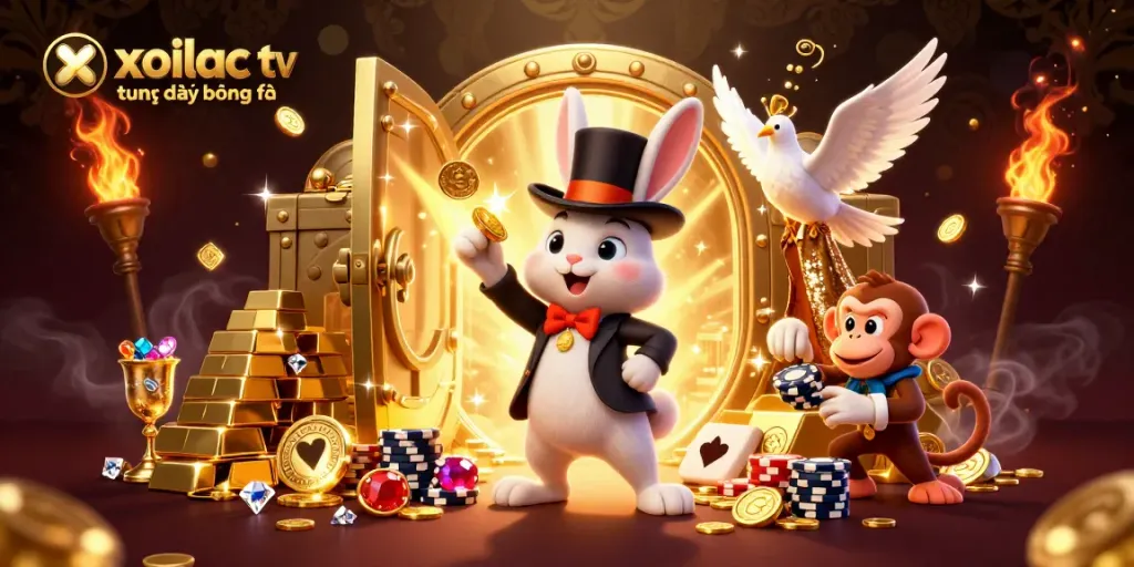 Xoilac tv trực tiếp bóng đá illustration showcasing a magician pulling coins and lively casino scenes.