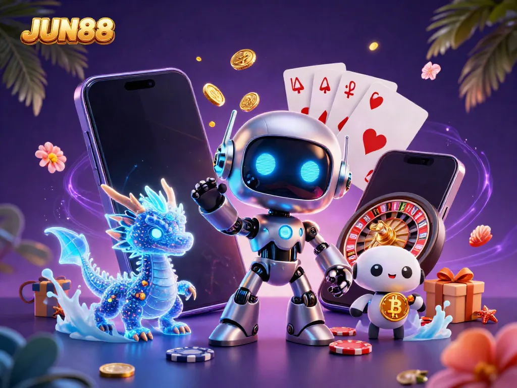 Experience the thrill of JUN88 with a vibrant 3D casino illustration featuring a robot and a holographic dragon.