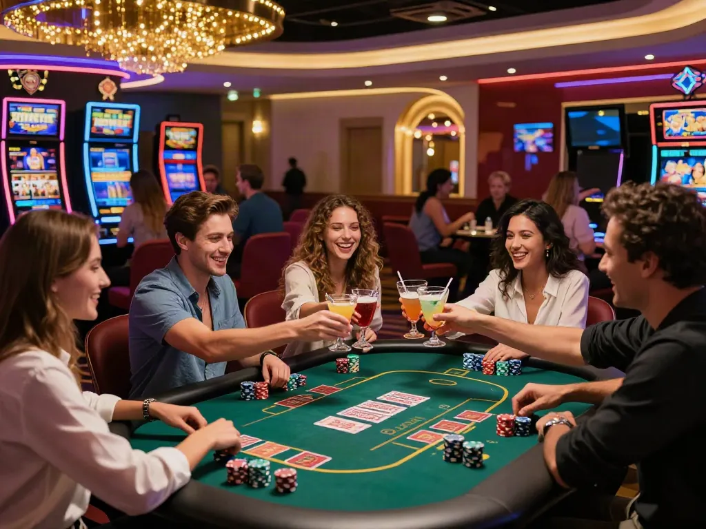 Friends enjoying games at the best non gamstop casinos UK, showcasing excitement and vibrant casino ambiance.