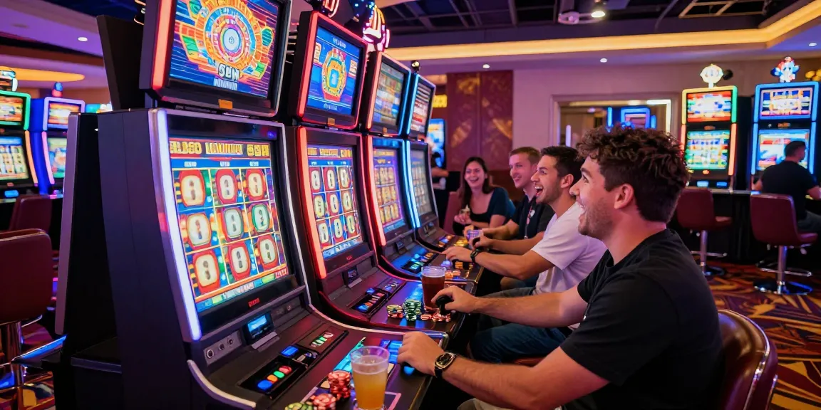 Exciting slot machine experience with diverse players in a modern casino.