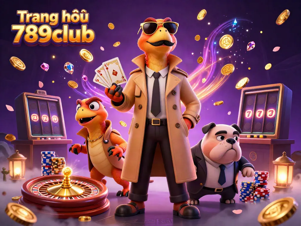 Experience the thrill of Trang chủ 789club with vibrant raptors in a trench coat entering a VIP casino, surrounded by dynamic game elements.